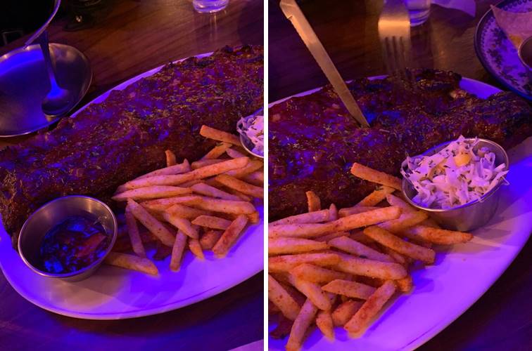 감자튀김과 스테이크소스, 샐러드, 폭립