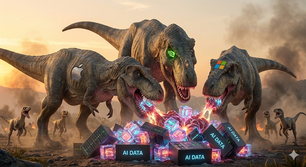 거대한 공룡(빅테크)들이 'AI 먹이'를 독차지하고 있고, 작은 동물(나머지 기업)들은 구경만 하는 모습