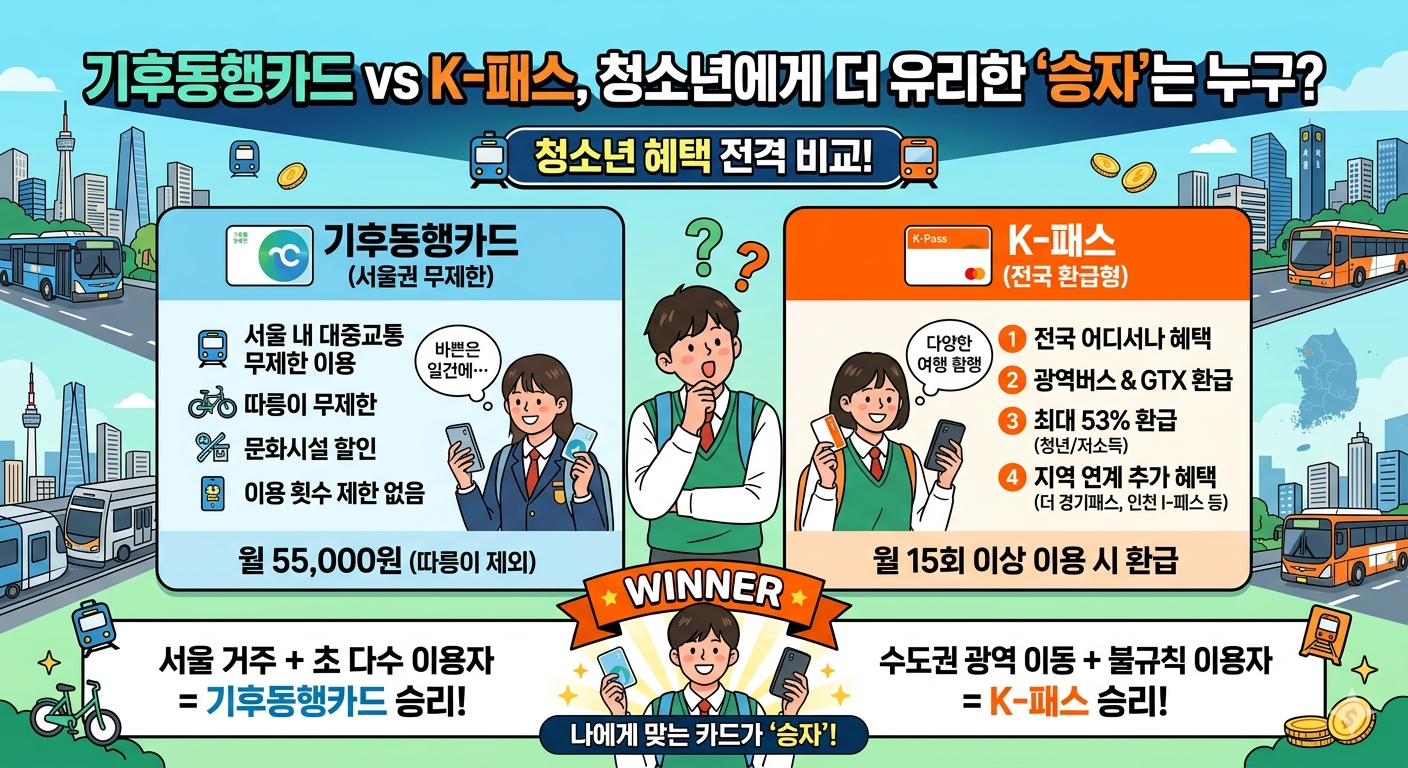 청소년 교통 기후동행카드 vs K-패스, 무제한vs환급 어떤 게 더 이득?