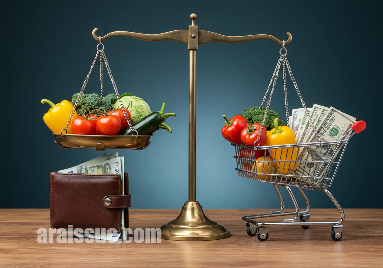 식품비와 예산 관리 사이의 균형을 나타내는 상징적인 이미지입니다.