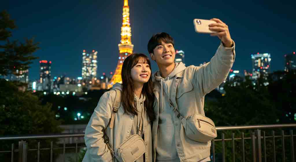 동경 타워를 배경으로 기념 촬영하는 커플 사진