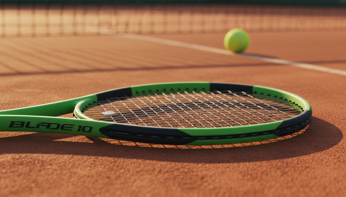 테니스 코트 위에 놓인 윌슨 블레이드 v10 테니스 라켓