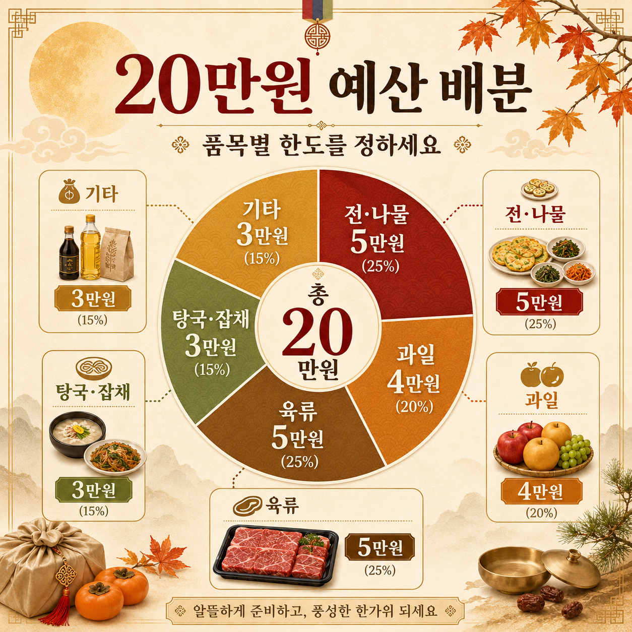 4인 가족 추석 장보기 20만원 예산을 전 나물 과일 육류 기타 항목으로 나눈 이미지