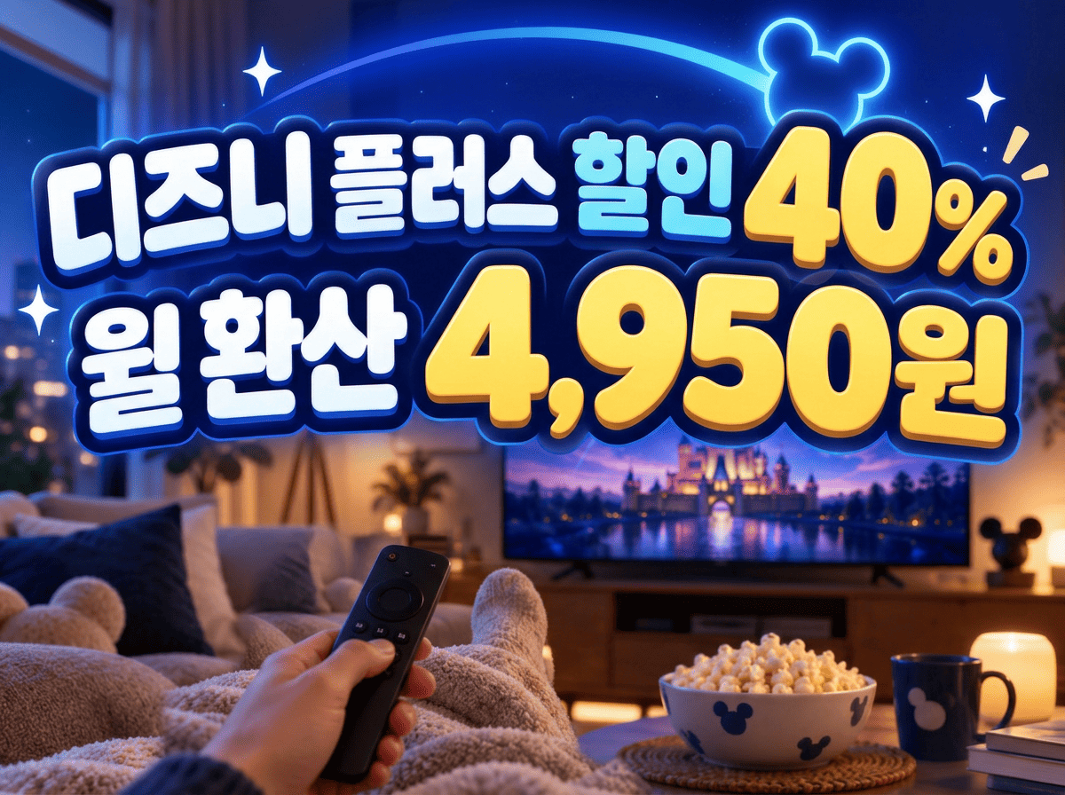 TV로&nbsp;OTT를&nbsp;시청하는&nbsp;거실&nbsp;실사를&nbsp;배경으로&nbsp;40%&nbsp;할인과&nbsp;월&nbsp;환산&nbsp;4,950원을&nbsp;강조한 이미지