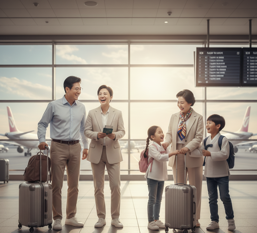 추석 연휴에 여행을 떠나는 가족의 공항 풍경