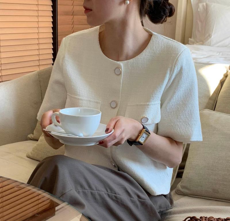 루어스룸 뮤뮤 트위드 썸머 캐쥬얼 노카라 라운드넥 오피스룩 정장 반팔 크롭 트위드 숏 자켓