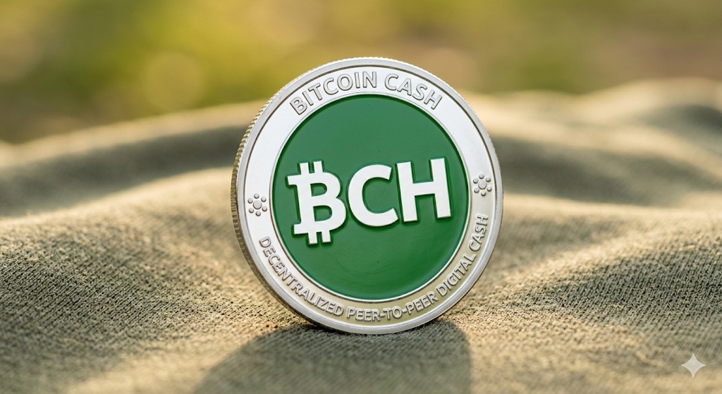 비트코인캐시(BCH) 로고가 새겨진 가상자산 코인 심볼과 2026년 메인넷 하드포크 업그레이드 및 전자현금 로드맵 시각 자료