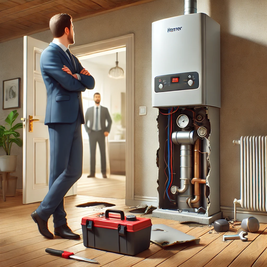 고장난 보일러를 집주인이 수리하는 장면 -수선 의무 시각화