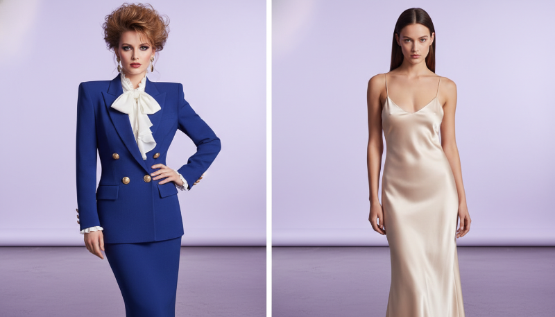 1980년대 파워 숄더 재킷과 1990년대 미니멀리즘 실크 드레스의 대조적인 실루엣.