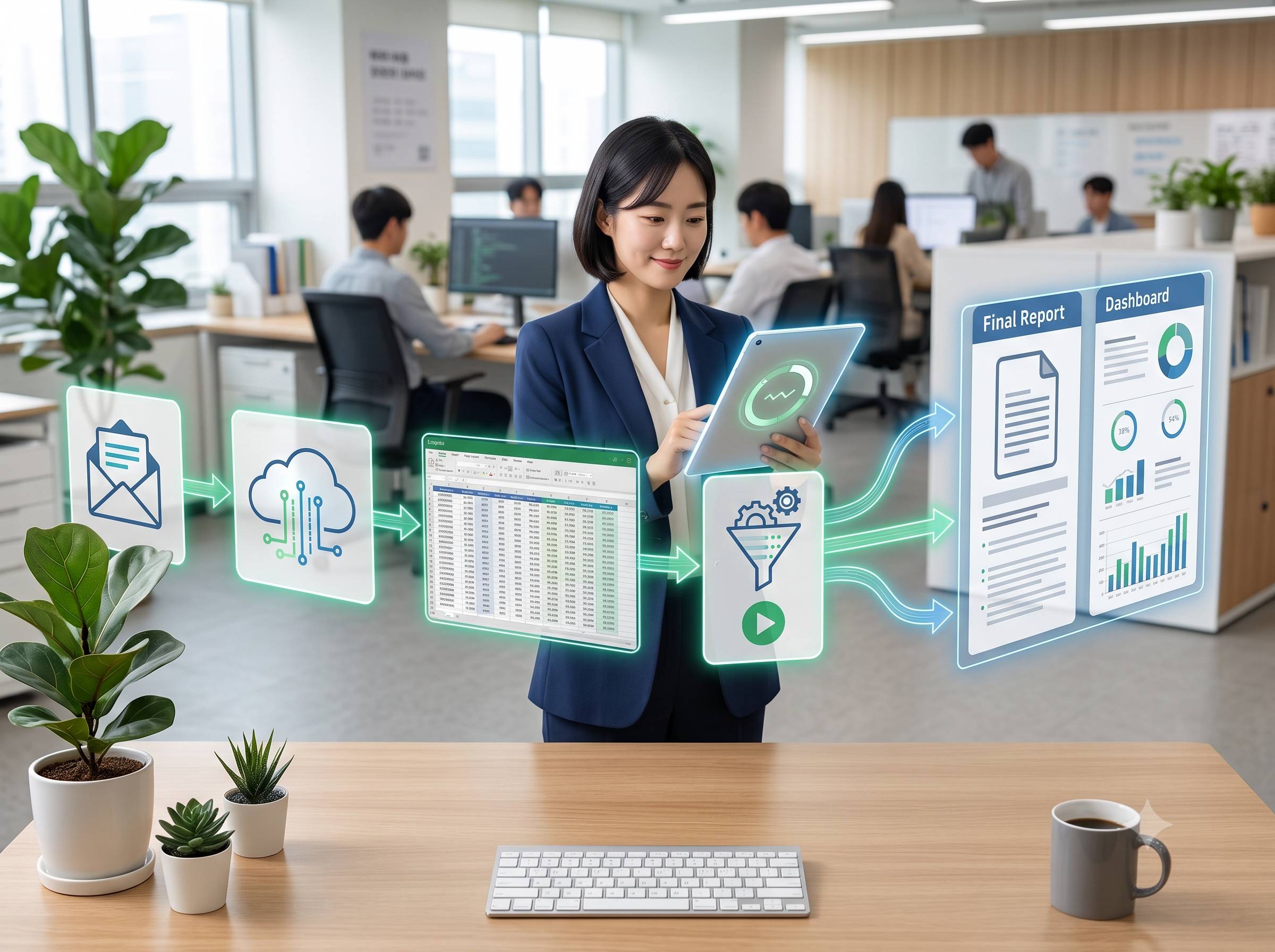 이메일, 클라우드, 엑셀, 보고서가 Power Automate 흐름으로 연결되는 업무 자동화 장면