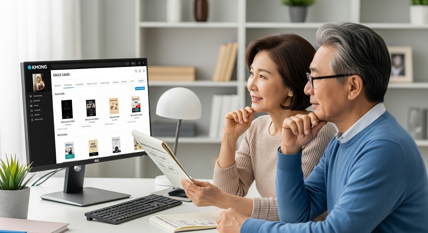 PC에서 전자책 유통 전략을 계획하는 모습