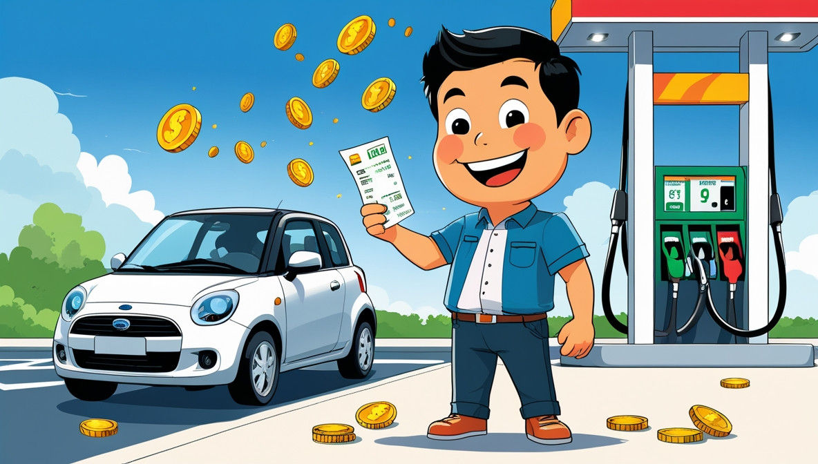 남성이 경차 옆 주유소에서 주유 영수증을 들고 기쁜 표정으로 서있다.