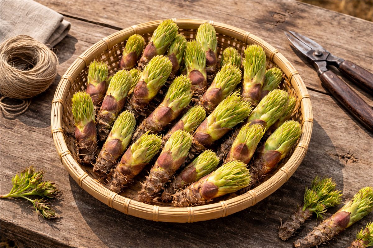 채취한 두릅을 바구니에 담아 놓은 모습 