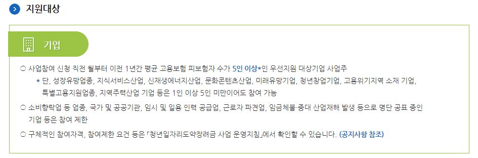 청년 일자리 도약 장려금 기업 지원 대상 조건
