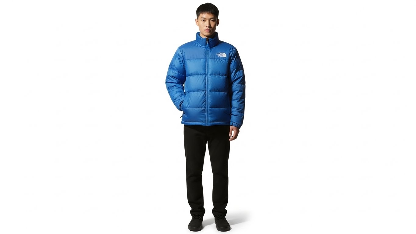 노스페이스 야상 패딩을 착용한 남성 모델의 전신 핏과 사이즈감 비교 사진