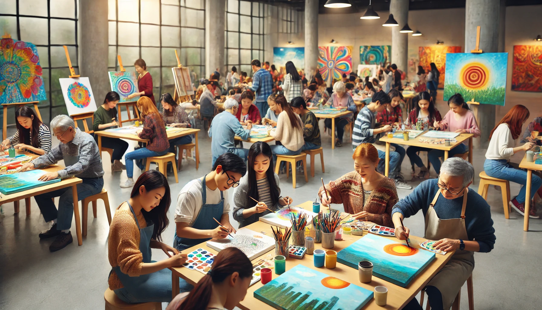 복지관에서 미술활동하는 장면