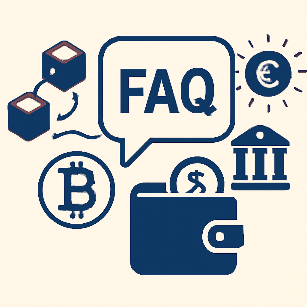 An illustration or icon representing the FAQ section, with symbols of blockchain, digital wallets, central banks, and digital currencies.