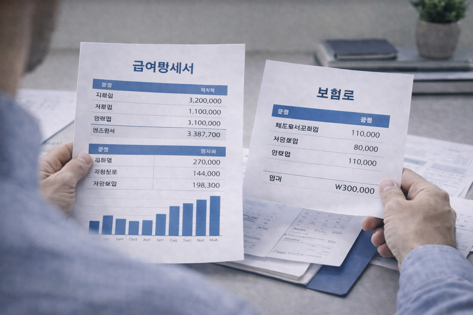 급여 명세서와 보험료 항목을 함께 확인하는 직장인의 손