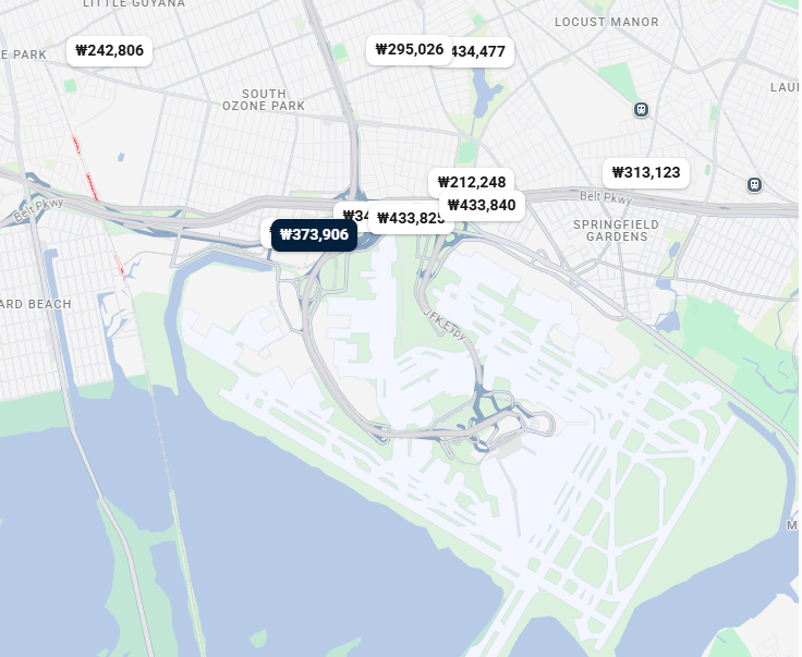 JFK 공항 주변 숙소 가격을 보여주는 사진입니다.