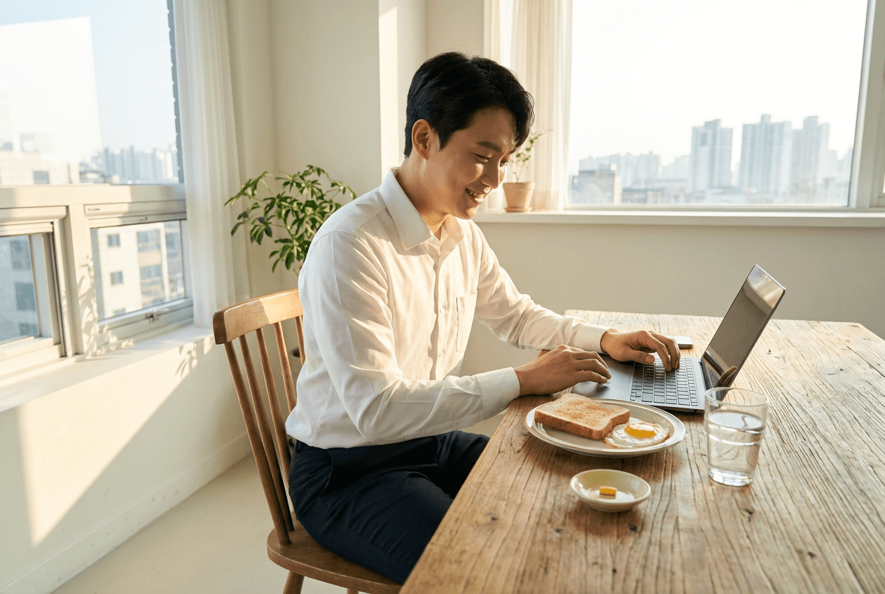 아침 식탁에서 물 한 잔과 함께 비타민B콤플렉스 영양제를 섭취하는 한국인 직장인의 모습