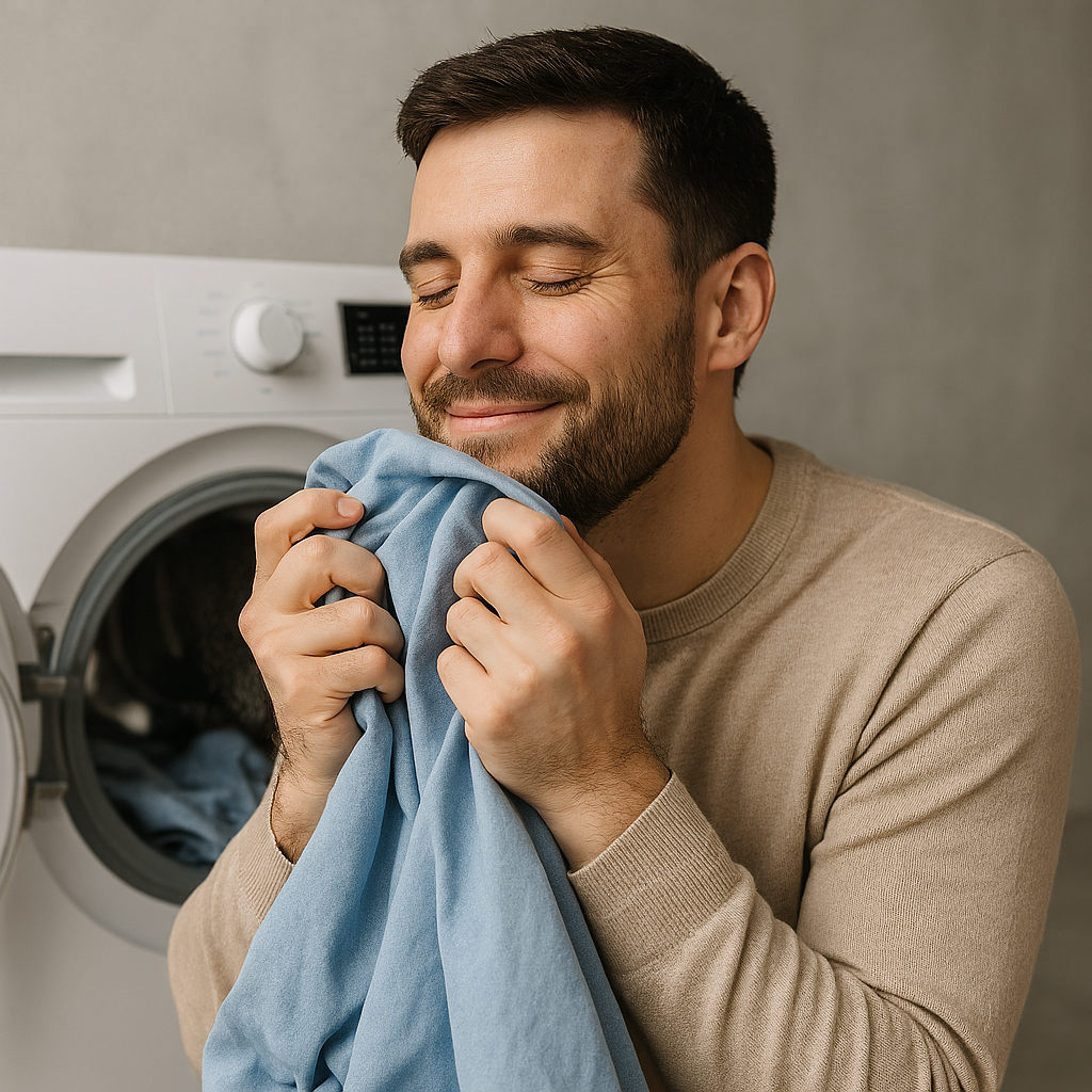 빨래의 좋은 향기를 즐기는 남성