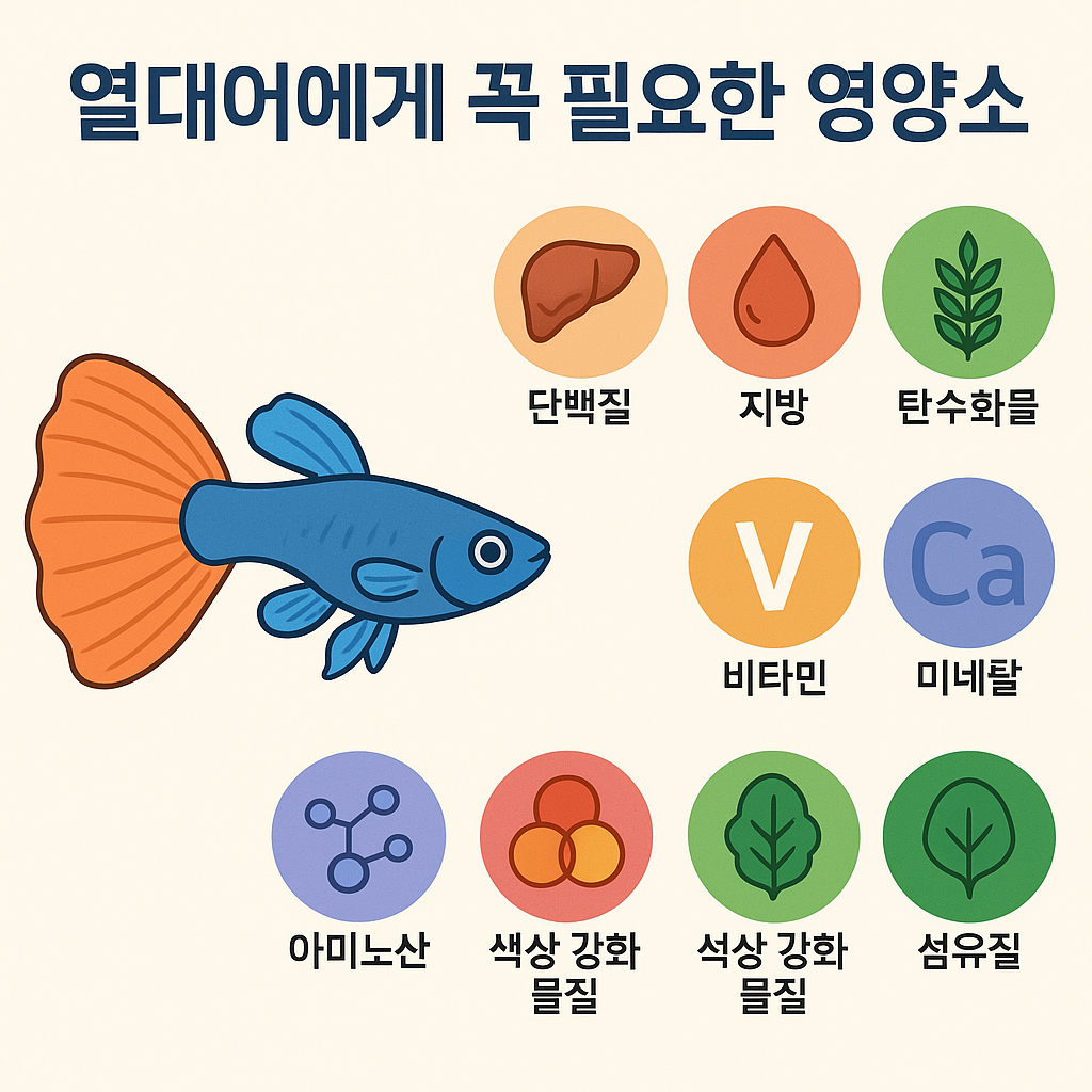 열대어에게 필요한 8가지 영양소를 설명하는 교육용 일러스트 이미지. 왼쪽에는 주황색 꼬리를 가진 파란색 열대어가 있으며, 오른쪽에는 단백질, 지방, 탄수화물, 비타민, 미네랄, 아미노산, 색상 강화 물질, 섬유질을 상징하는 아이콘이 각각 원형 배경 위에 깔끔한 그래픽으로 배열되어 있다. 상단에는 “열대어에게 꼭 필요한 영양소”라는 한글 문구가 큼직하게 표시되어 있다.