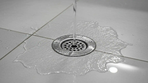 가정집 욕실 바닥 배수구로 물이 내려가는 모습