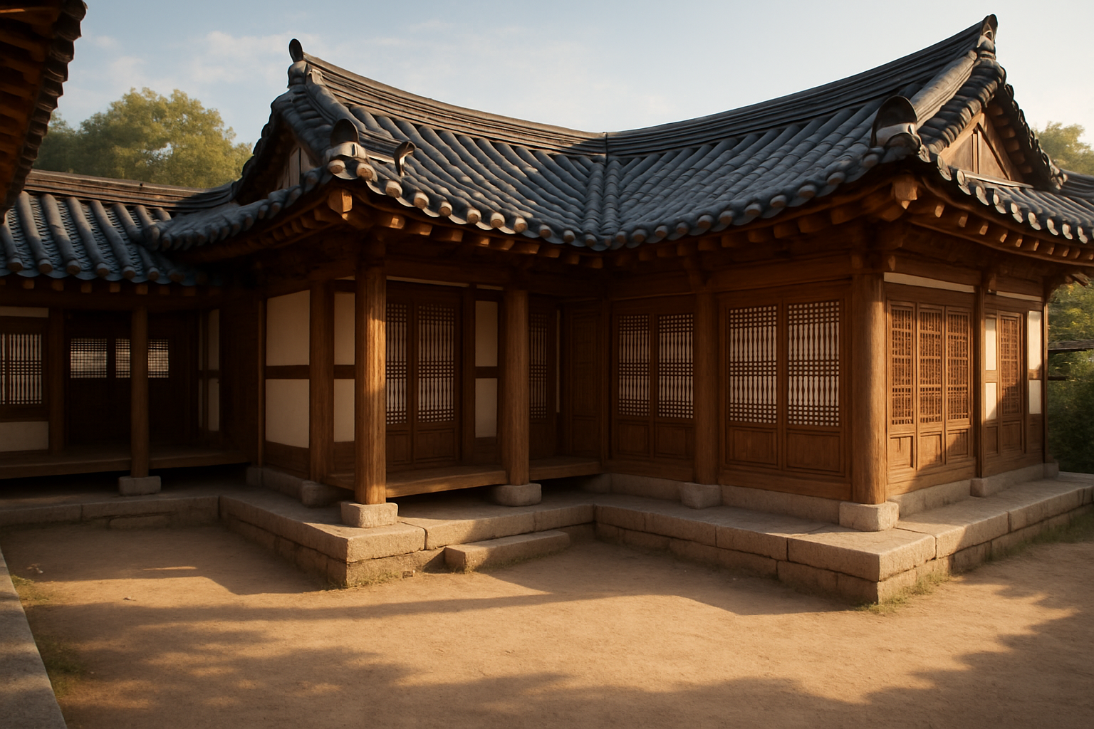 아침 햇살이 비치는 전통 한옥 기와집 마당 전경. 나무 기둥과 처마가 부드럽게 그림자를 드리우는 모습.