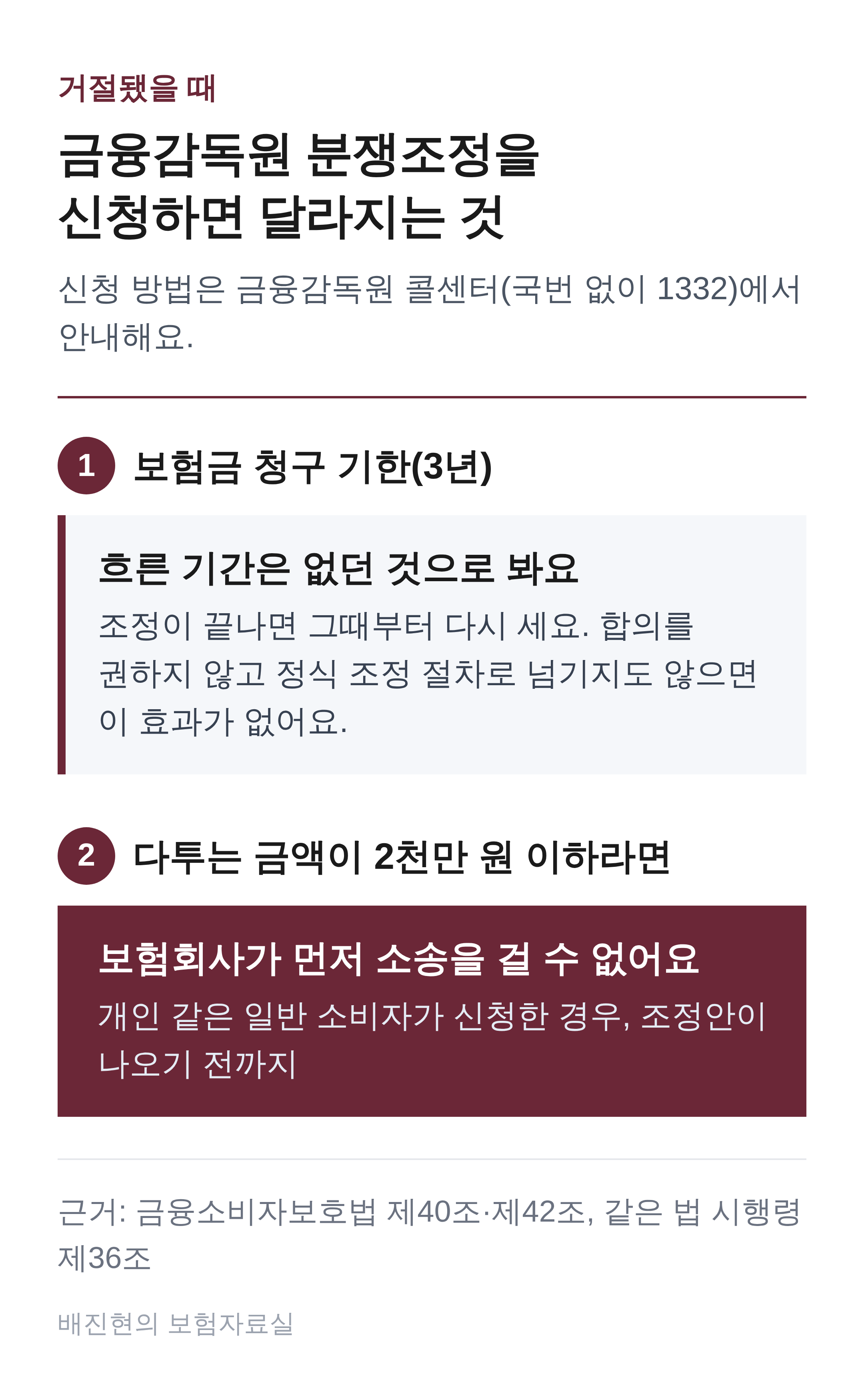 금융감독원 분쟁조정을 신청하면 달라지는 두 가지. 보험금 청구 기한 3년 중 흐른 기간은 없던 것으로 보고, 일반 소비자가 신청한 2천만 원 이하 분쟁은 조정안이 나오기 전까지 보험회사가 먼저 소송을 걸 수 없다.