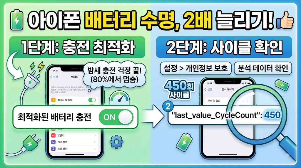 아이폰 배터리 설정 화면에서 최대 충전 한도 및 최적화 충전 모드를 설정하는 모습