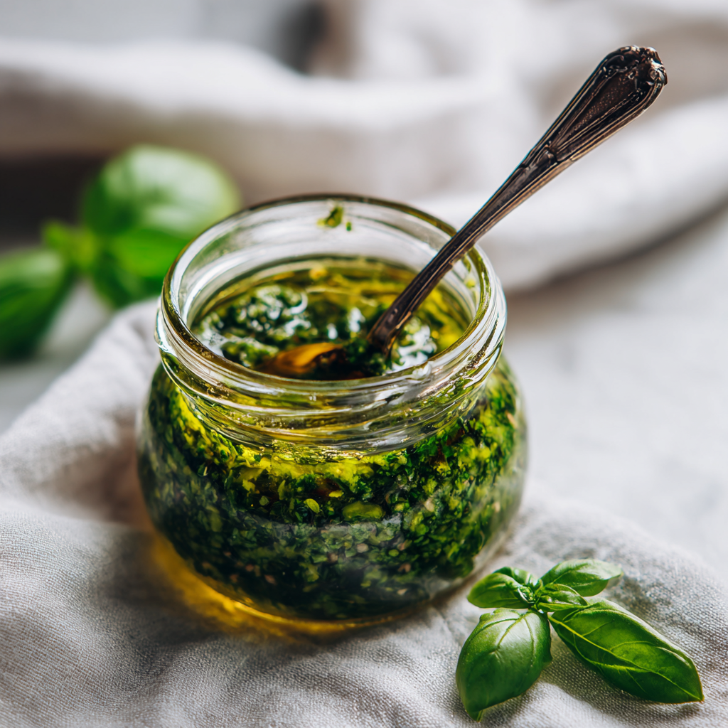 갓 만든 바질페스토가 담긴 유리병과 바질 잎 장식