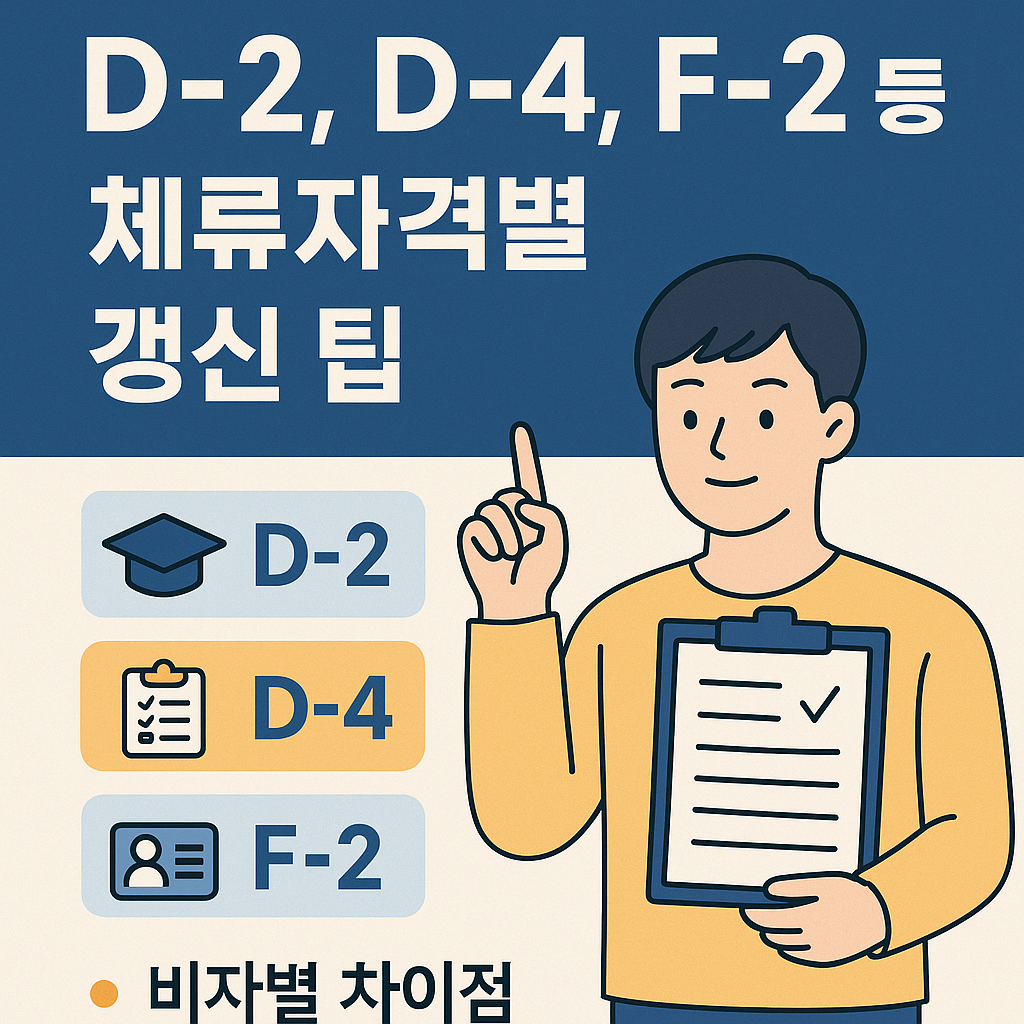 “D-2, D-4, F-2 등 체류자격별 갱신 팁”이라는 제목의 한국어 정보형 썸네일 이미지. 상단에는 파란색 배경에 흰색 글씨로 제목이 적혀 있고, 하단에는 D-2, D-4, F-2를 상징하는 아이콘(학사모, 체크리스트, 신분증)과 함께 비자 유형이 나열되어 있다. 오른쪽에는 클립보드를 들고 한 손을 들고 있는 남성 일러스트가 그려져 있으며, 하단에는 “비자별 차이점”이라는 핵심 문구가 강조되어 있다.