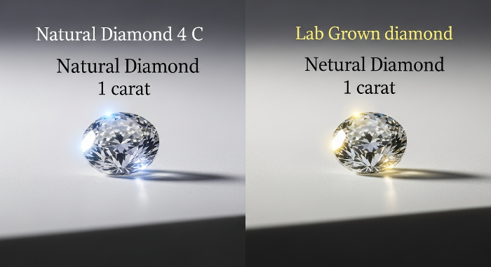 동일한 4C 등급을 가진 천연 다이아몬드와 랩 다이아몬드가 나란히 놓여 시각적 차이가 없음을 보여주는 모습.
