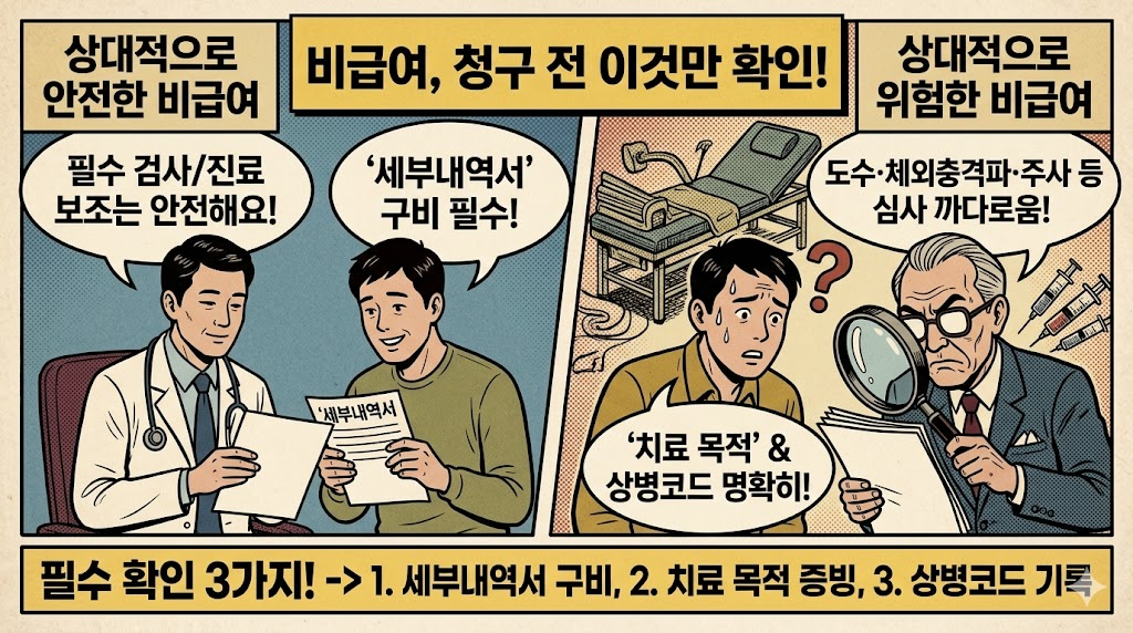 비급여 항목별 안전군과 분쟁 위험군 비교 및 판단 기준