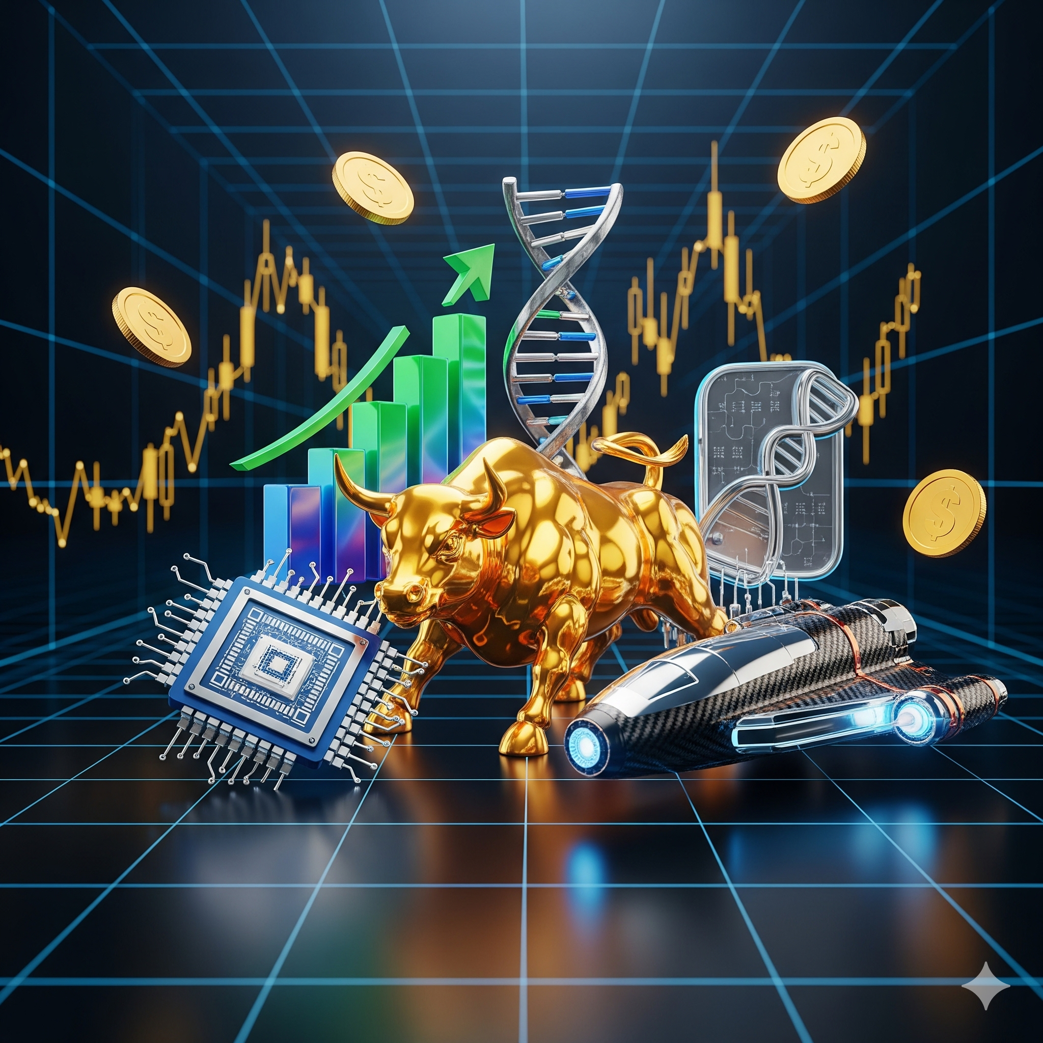 2026년 3월 17일 신규 상장 ETF 5종 분석을 위한 금색 황소와 바이오, 반도체, 우주항공 아이콘이 포함된 3D 금융 인포그래픽