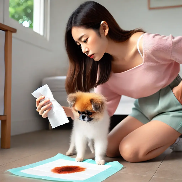 반려견의 엉덩이를 티슈로 살피며 걱정하는 동양인 젊은 여성