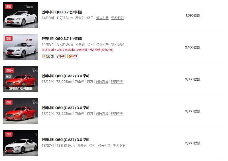 인피니티 Q60 중고차 가격 시세표 연비