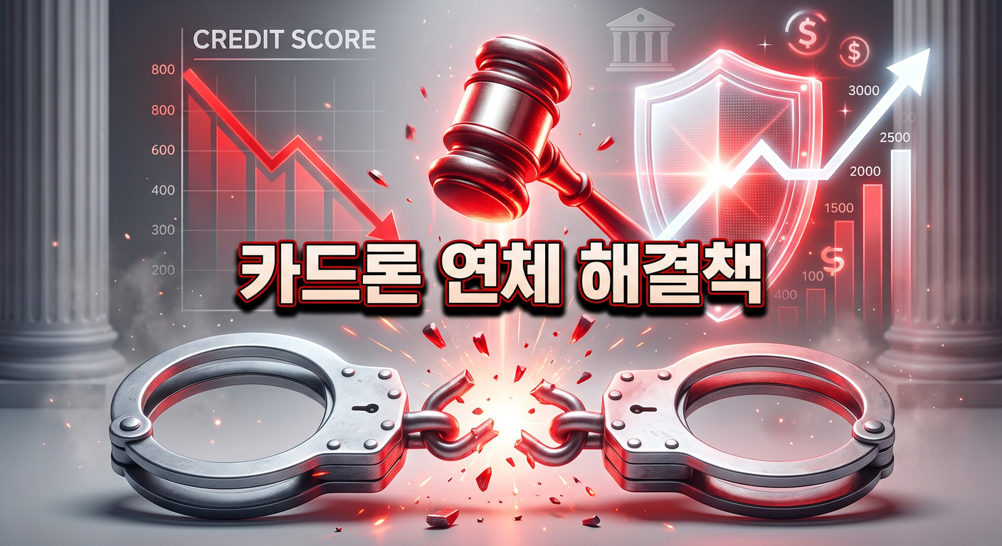 붉은색 법봉이 무거운 금속 수갑을 부수고 있으며, 배경에서는 신용점수 하락을 의미하는 붉은색 하락 그래프가 빛나는 디지털 방패에 의해 상승세로 반전되는 3D 일러스트 배경에, 짙은 그림자와 외곽선으로 선명하게 강조된 '카드론 연체 해결책'이라는 한글 문구가 중앙에 적힌 이미지