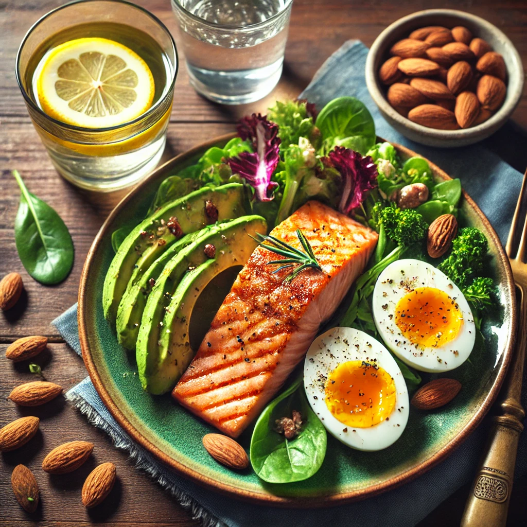 아보카도, 구운연어, 삶은 달걀에 레몬수, 각종 신선한 야채를 더한 키토제닉식단