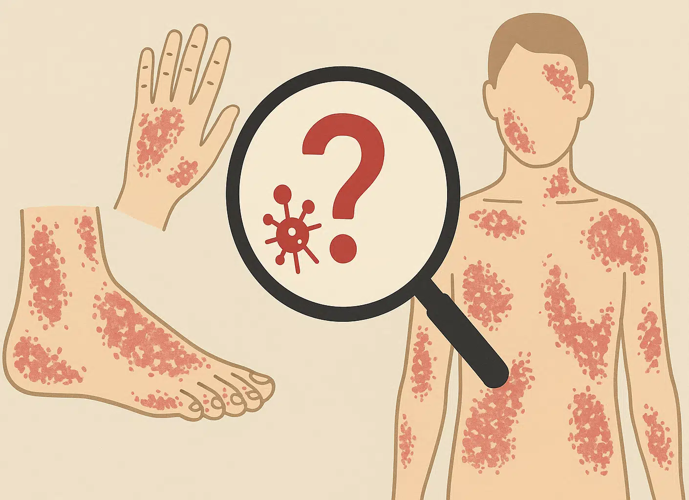 발, 손, 몸통 등 여러 부위 피부에 붉은 발진과 각질이 혼재된 실루엣, 중앙에는 확대된 곰팡이 아이콘과 물음표