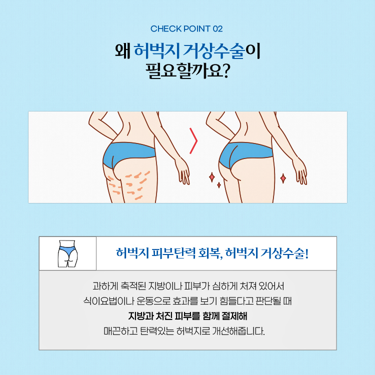 왜 허벅지 거상술이 필요할까요?
과하게 축적된 지방이나 피부가 심하게 처져 있어서 식이요법이나 운동으로 효과를 보기 힘들다고 판단될 때 지방과 처진 피부를 함께 절제해 매끈하고 탄력있는 허벅지로 개선해줍니다.