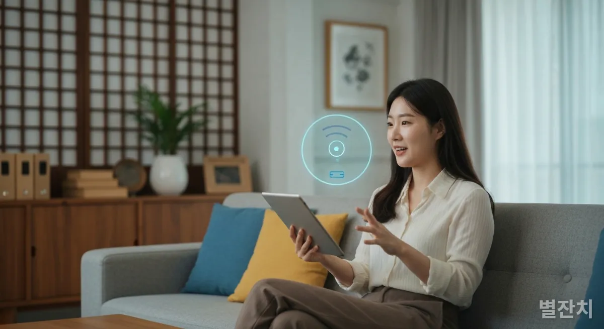 세련된 거실에서 음성 AI 비서와 자연스럽게 대화하며 업무를 처리하는 한국인 여성