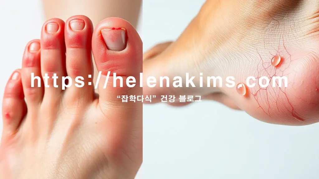 인간 발의 발가락 사이와 발바닥 측면을 클로즈업. 붉게 물든 짓무른 피부와 함께 작고 투명한 물집이 잡히고, 갈라지고 벗겨지는 각질이 선명하게 보인다.