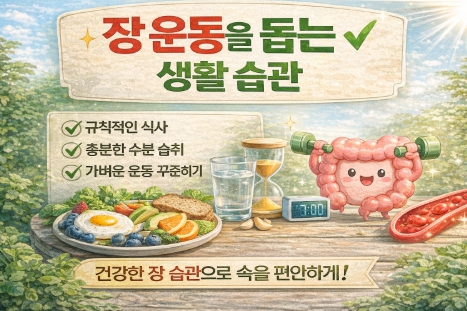 장 운동을 돕는 생활습관을 표현한 사진