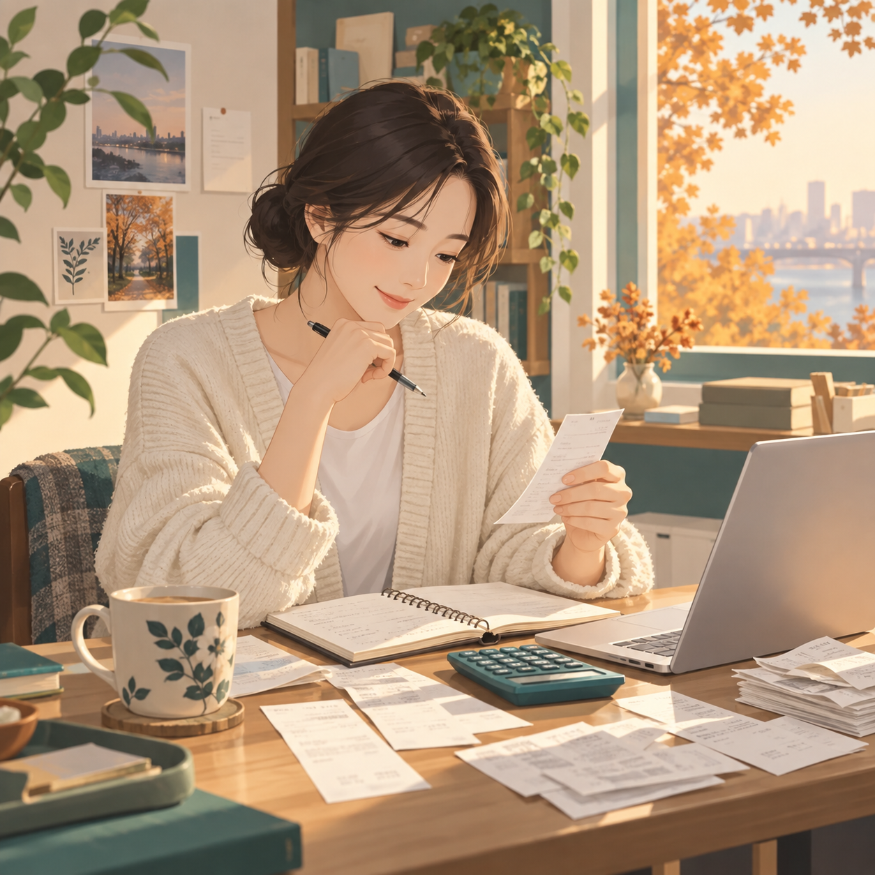 가을 햇살 아래 영수증과 지출 기록을 정리하는 모습