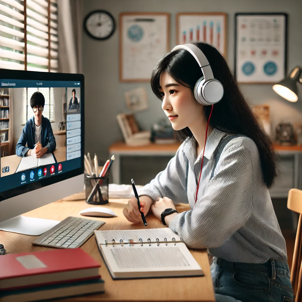 온라인학교의 수업을 화상으로 듣고 있는 학생의 이미지