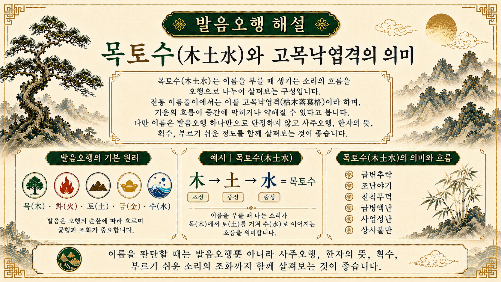 포항작명원 발음오행 목토수와 고목낙엽격 의미를 설명하는 누리작명소 이미지