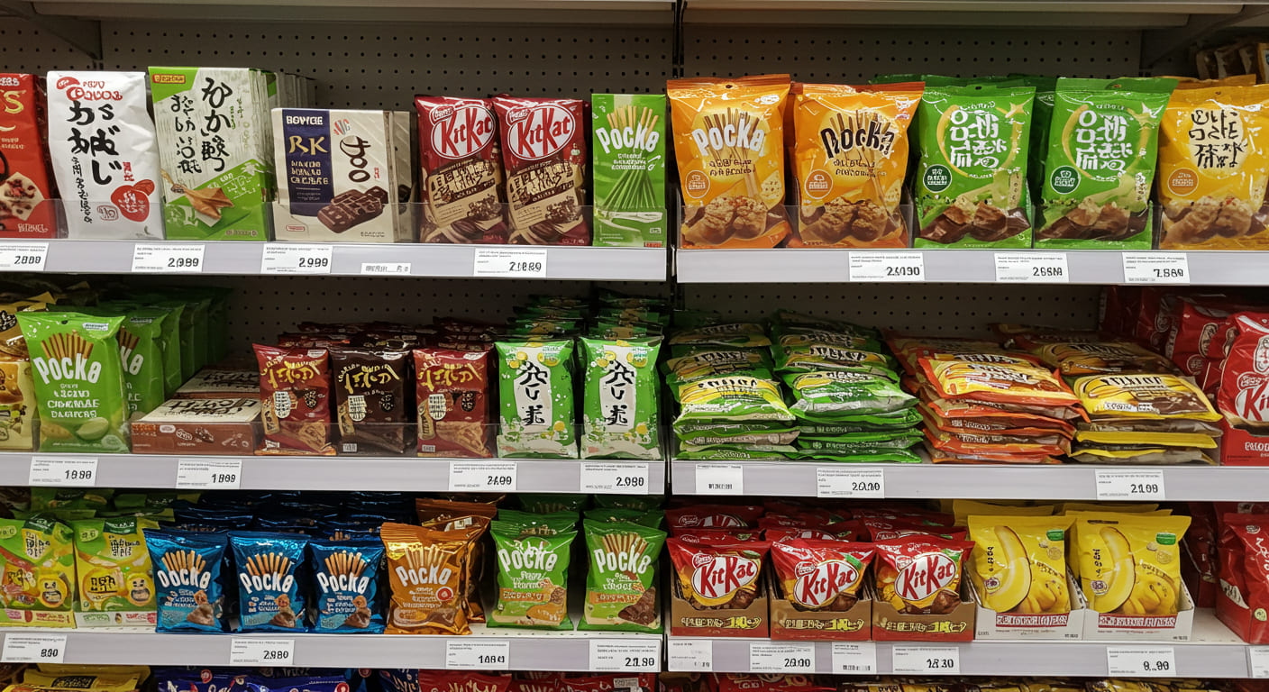 돈키호테 매장의 일본 초콜릿과 간식 코너, 로이스 초콜릿과 다양한 키트캣 맛이 진열된 선반