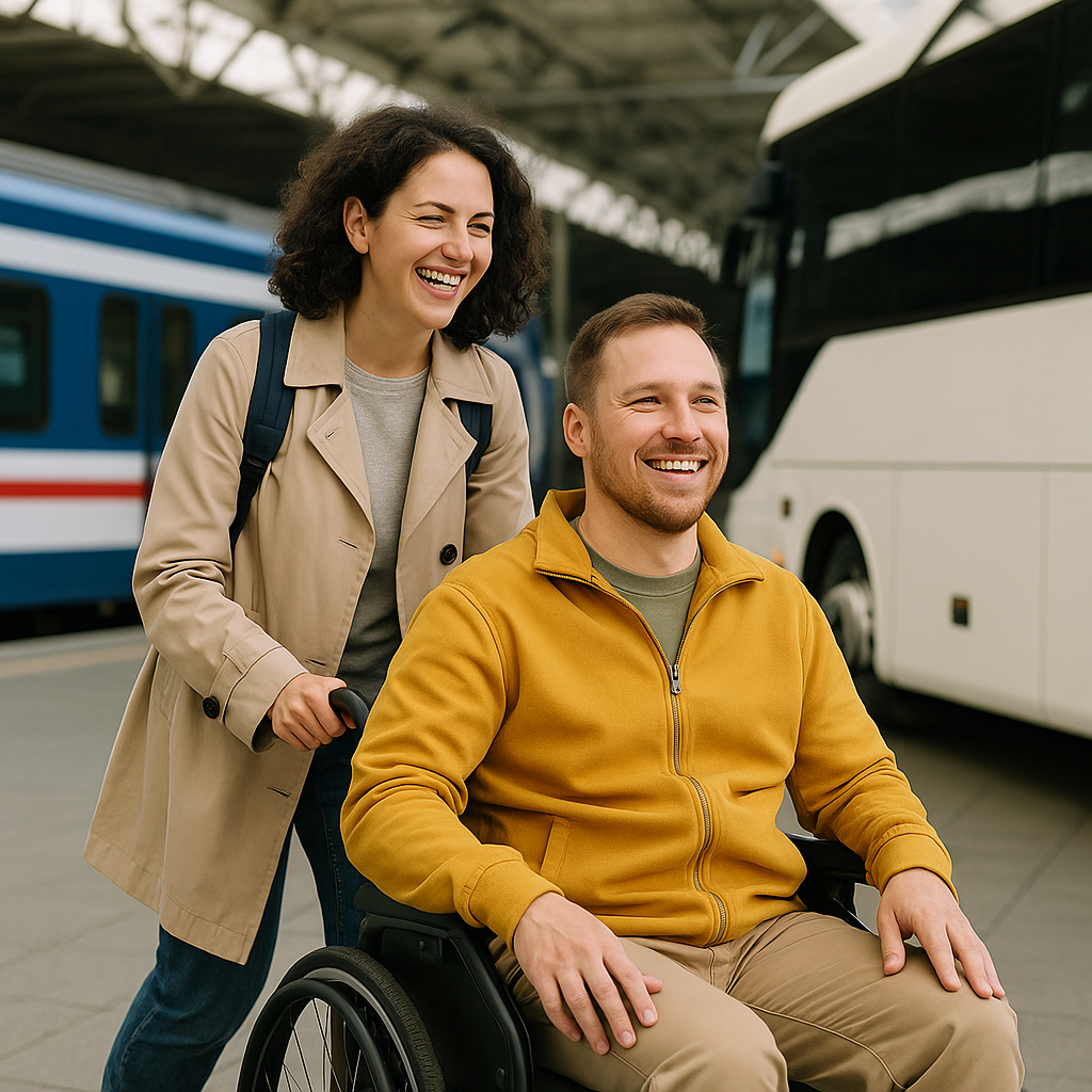 "휠체어 탄 남성과 보호자가 함께 기차역 이동"