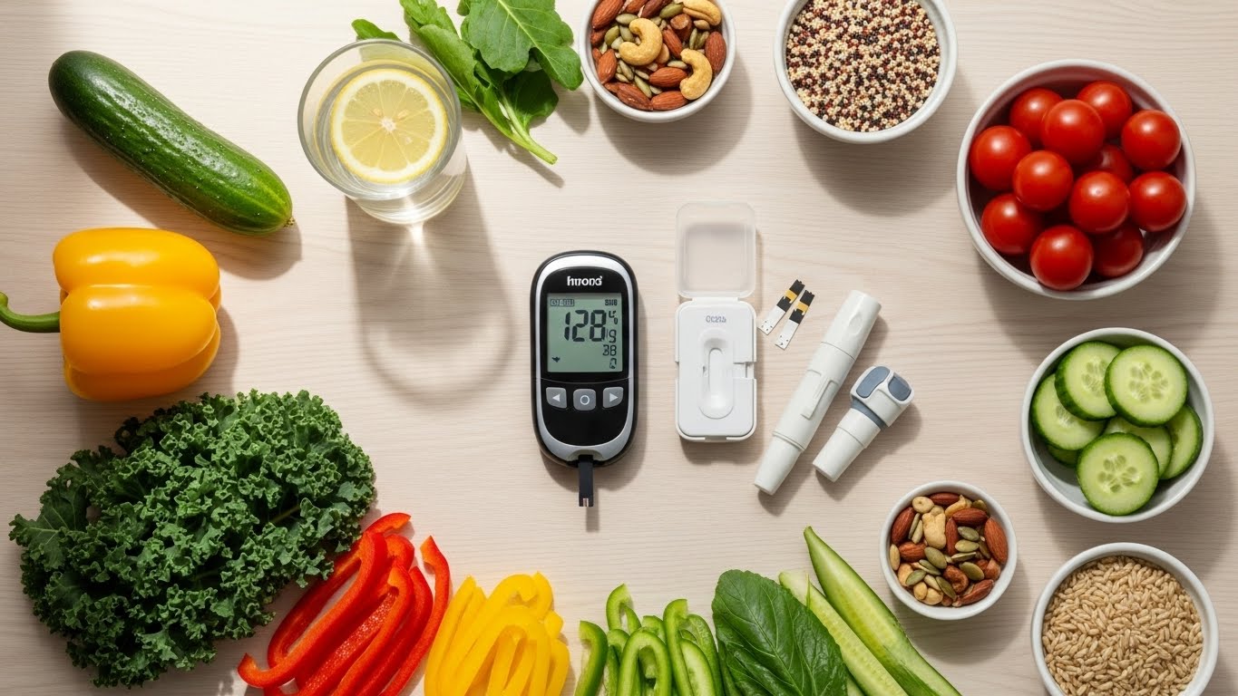 당뇨병 관리를 위한 건강 식품과 혈당 측정기 - 신선한 채소(케일, 파프리카, 오이, 토마토), 견과류, 퀴노아, 현미와 함께 혈당계와 인슐린 주사 펜이 배치된 당뇨 식단 관리 개념 이미지